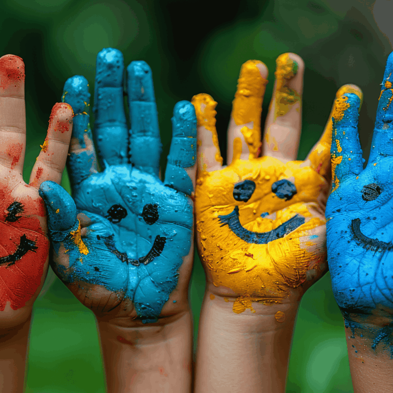 Different coloured children's hands with smiley faces to show positive body image and diversity