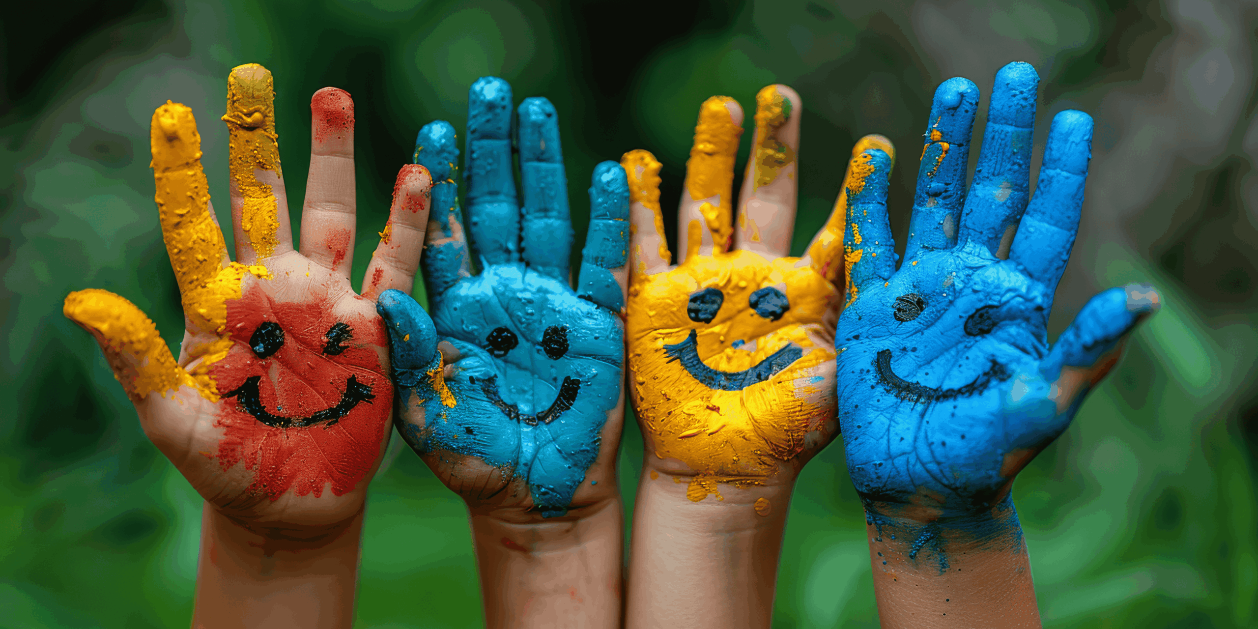 Different coloured children's hands with smiley faces to show positive body image and diversity