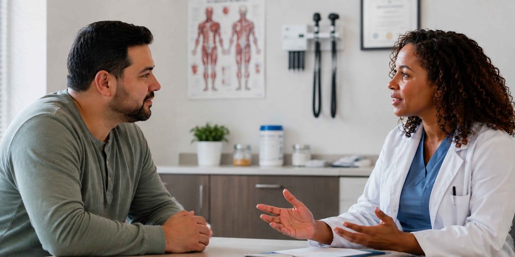 Male patient sitting across from a female doctor engaged in collaborative healthcare conversation