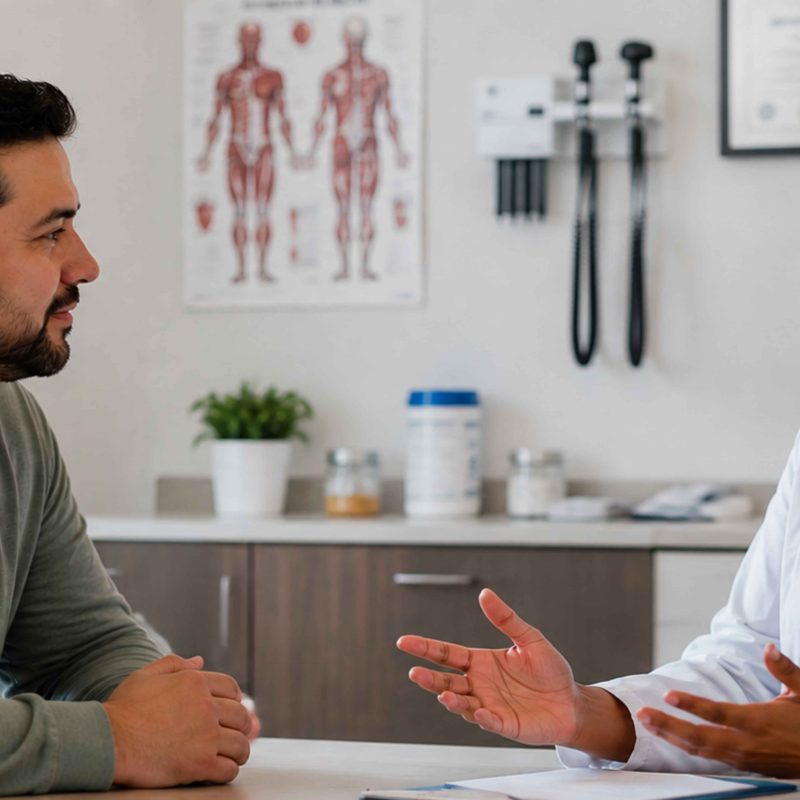 Male patient sitting across from a female doctor engaged in collaborative healthcare conversation