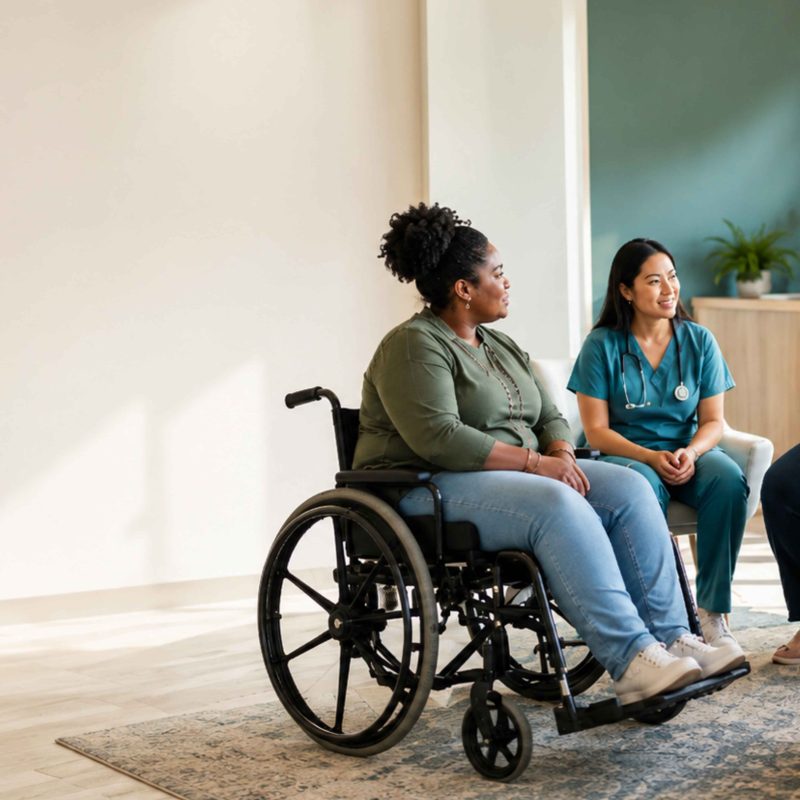 A group of people with diverse bodies sitting in a circle smiling