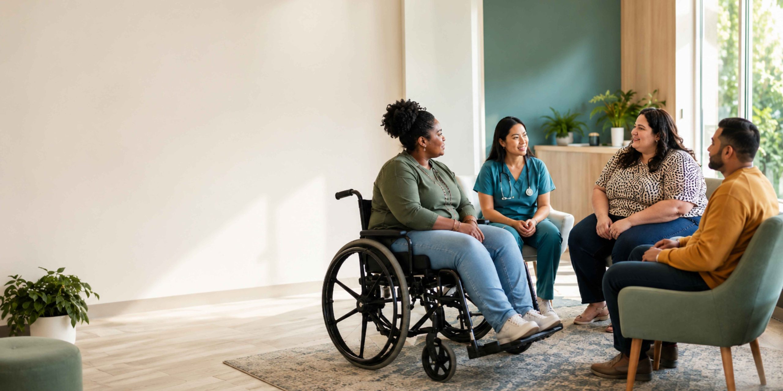 A group of people with diverse bodies sitting in a circle smiling