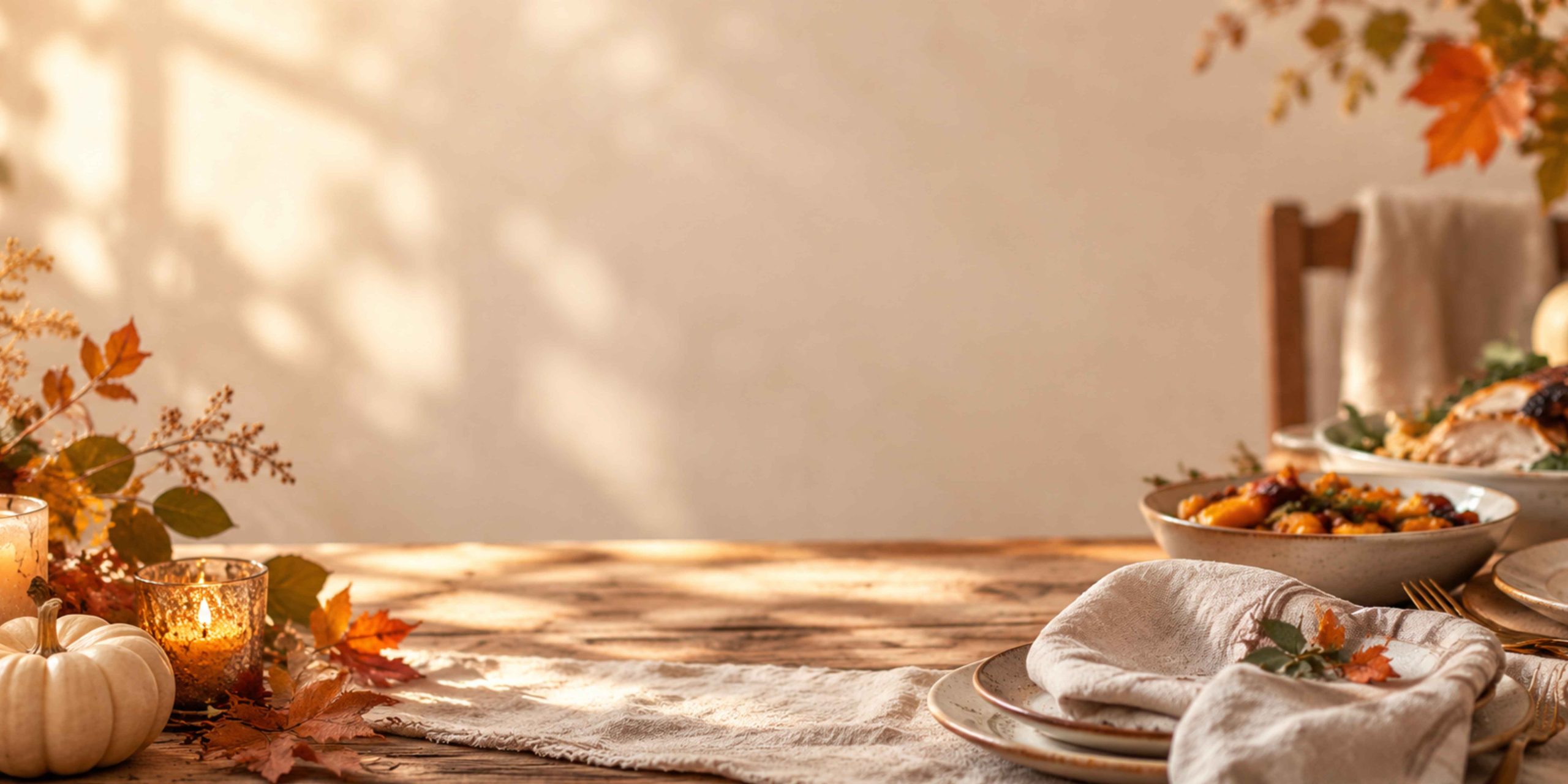Warm Thanksgiving table setting with autumn leaves, pumpkins, candles, roasted turkey, side dishes, and pumpkin pie